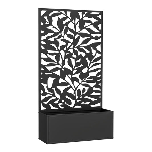 Outsunny Metal Garden Bed with Trellis, a black rectangular planter with a decorative metal screen attached