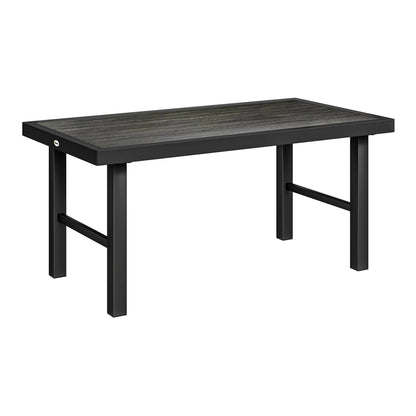 Outsunny Metal Garden Coffee Table, a dark grey rectangular table with a woodgrain effect top and black metal legs