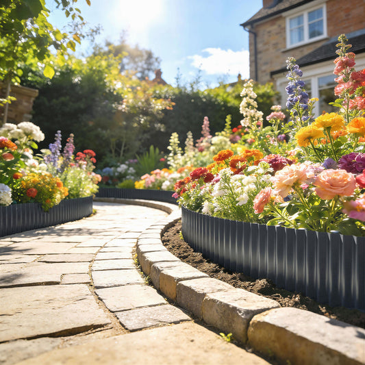 The metal garden edging border installed around a curved path in a garden