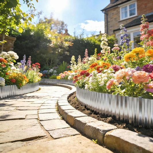 The corrugated metal garden edging installed along a winding stone path in a sunny garden