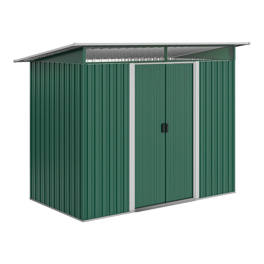 Outsunny Metal Shed with Lightsky Panels, a green garden shed with double doors and a sloped roof