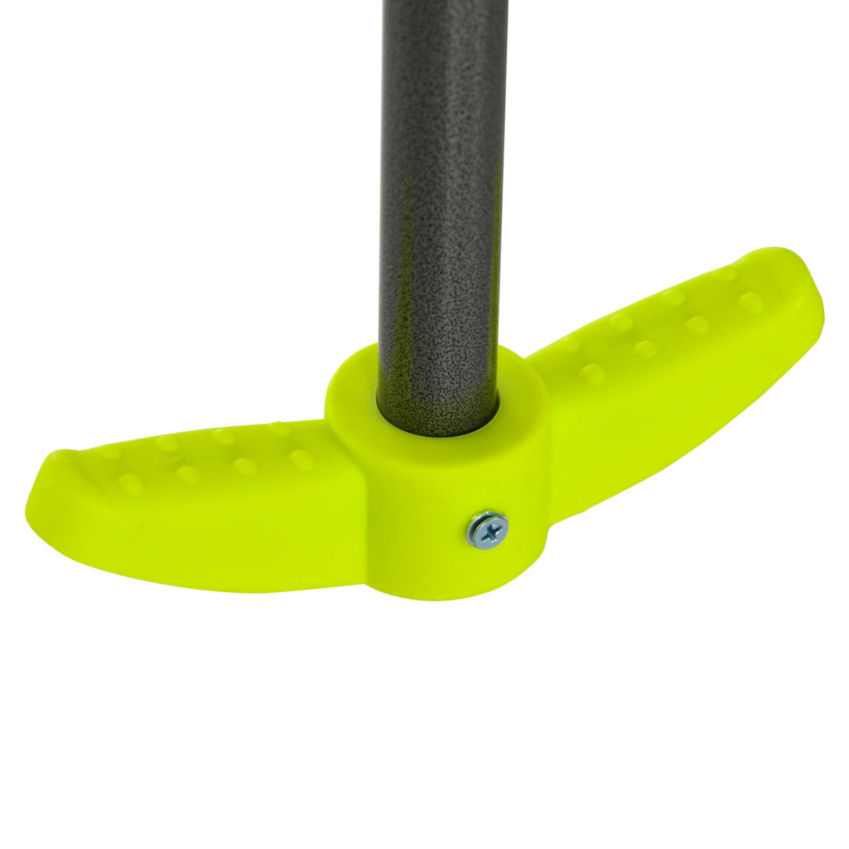 A close-up of the green plastic footrest attached to the metal frame pole