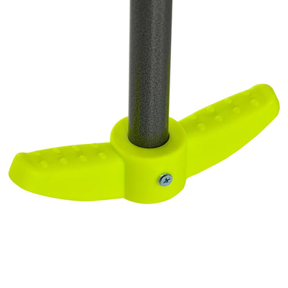 A close-up of the green plastic footrest attached to the metal frame pole