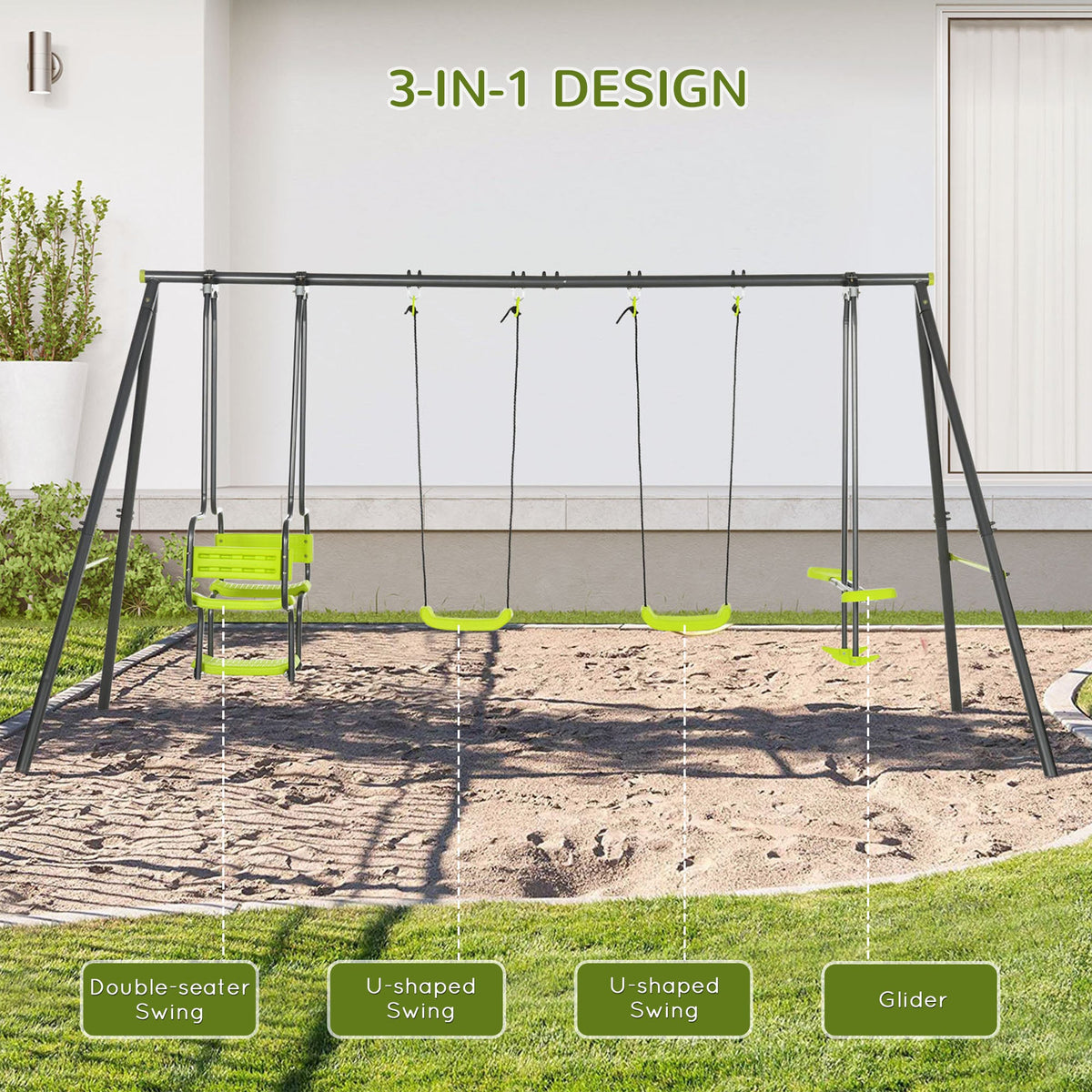 The swing set in a sandy play area with labels identifying the different seat types
