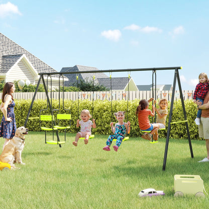 The swing set in use by several children in a sunny garden with a dog nearby