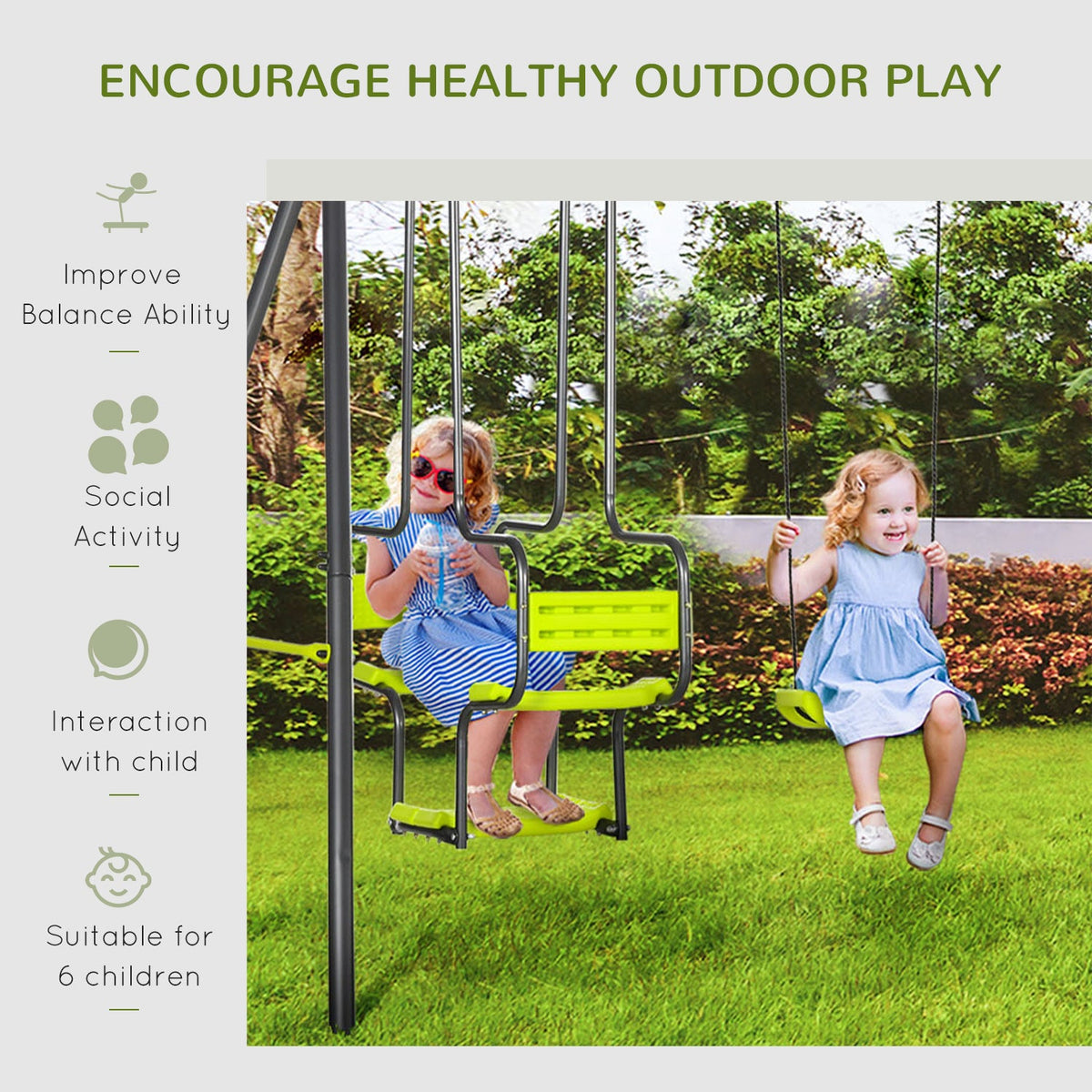 Children playing on the swing set with text highlighting benefits of outdoor play