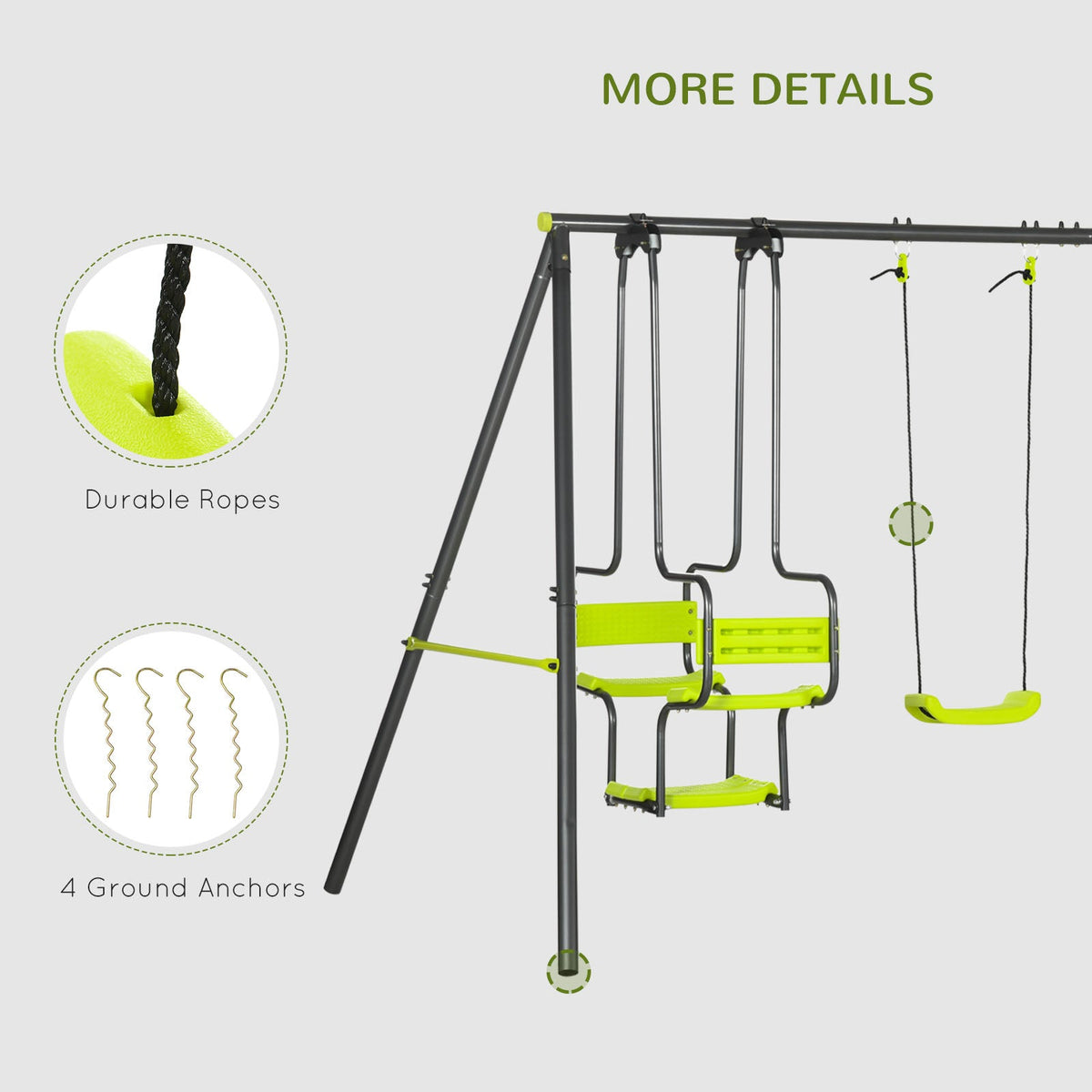 The swing set with close-ups of the durable ropes and included ground anchors