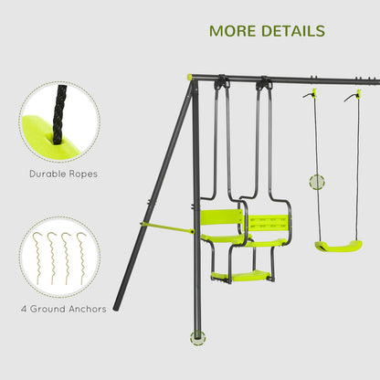 The swing set with close-ups of the durable ropes and included ground anchors