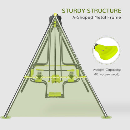 Side view of the swing set showing the A-shaped frame and weight capacity details