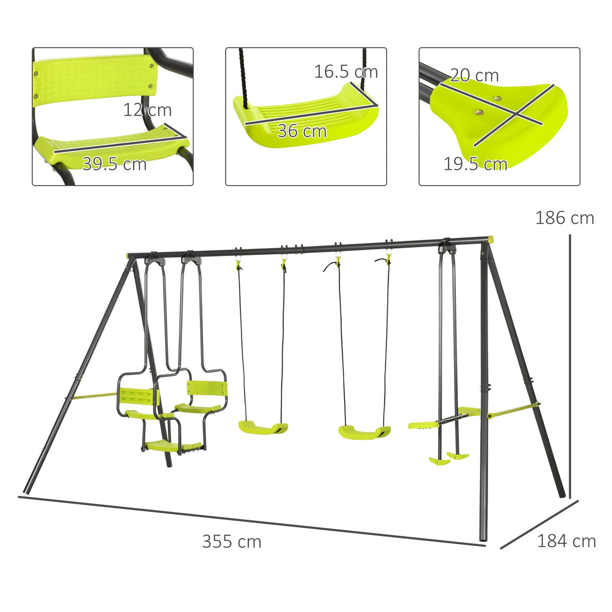 The swing set with detailed dimension labels for the frame and individual seats