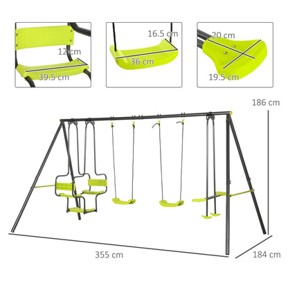 The swing set with detailed dimension labels for the frame and individual seats