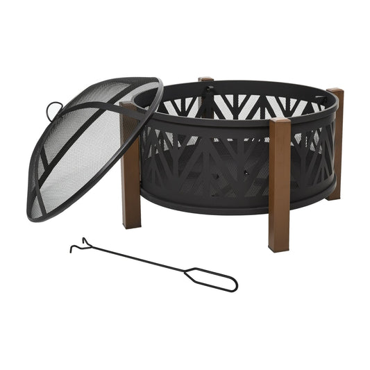 Outsunny Metal Large Firepit Bowl with mesh lid and poker tool