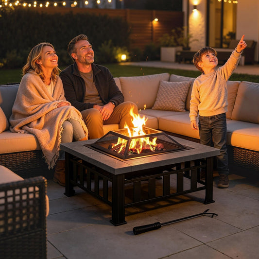 The square fire pit brazier in use at night with a family gathered around it