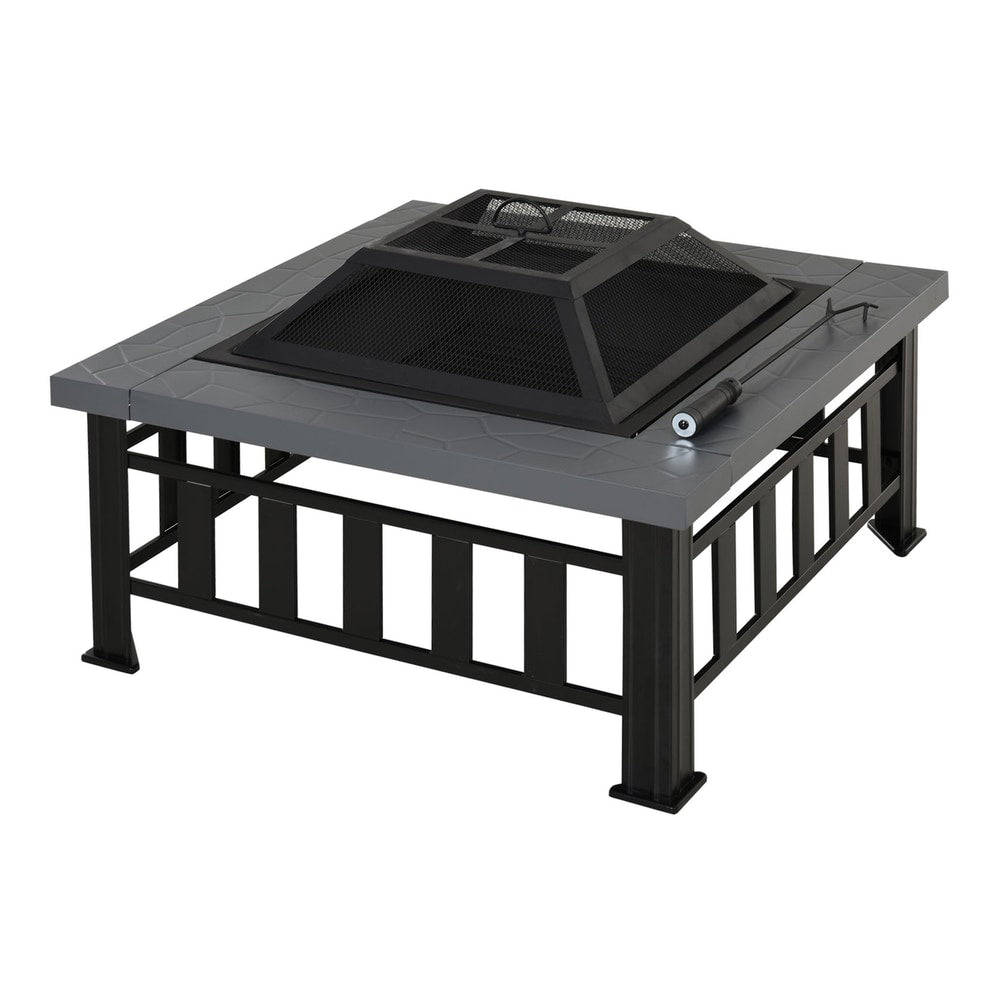 Outsunny Metal Large Firepit Outdoor Square Fire Pit Brazier with a mesh spark screen and lid