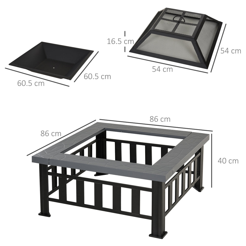 The outdoor fire pit with dimensions shown for the main body and the inner bowl