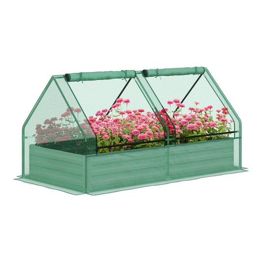 Outsunny Metal Planter Box with Cover filled with pink flowers against a plain white background