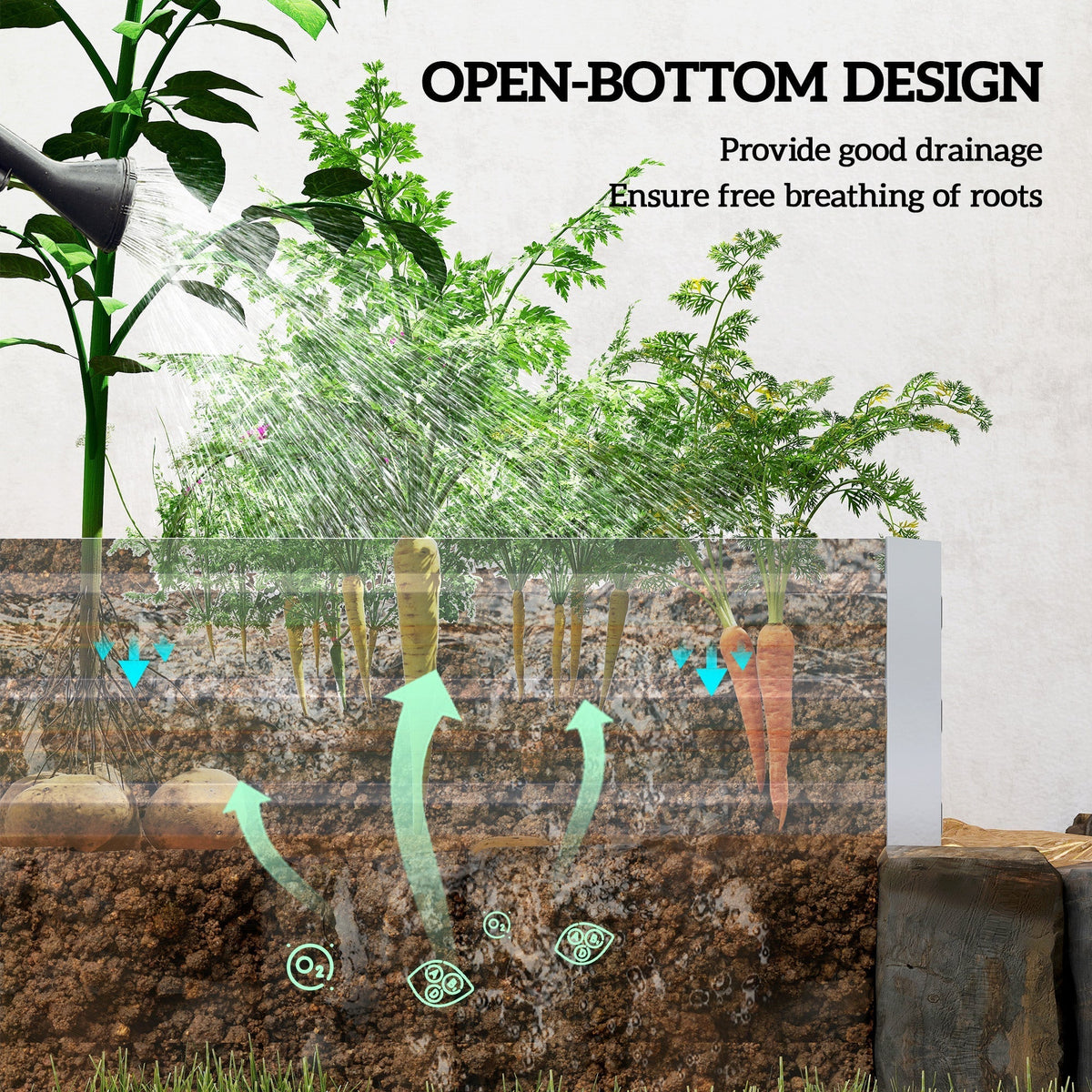 The metal garden planter showing the open bottom design for root health and water drainage