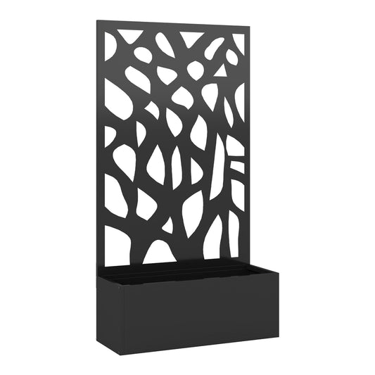 Outsunny Metal Raised Garden Bed with Trellis, a black planter box with a decorative metal screen attached