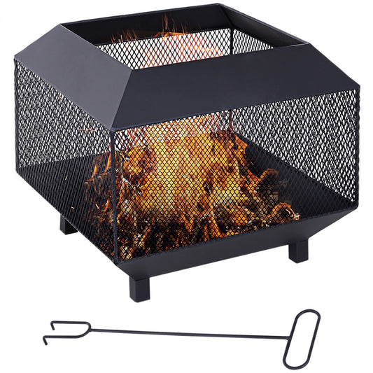 Outsunny Metal Square Fire Pit with burning logs and a poker tool