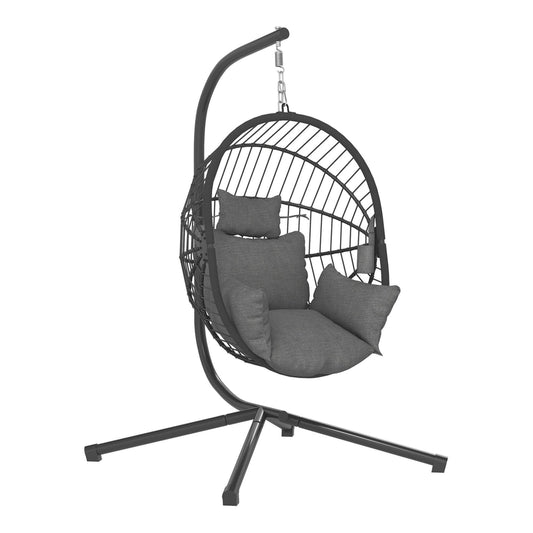 Outsunny Metal Stand Hanging Egg Chair with grey cushions suspended from a curved frame