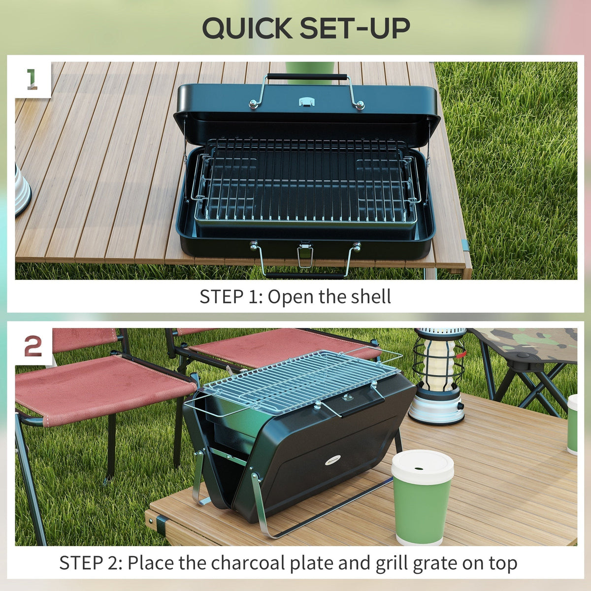 Two steps showing how to set up the portable charcoal grill