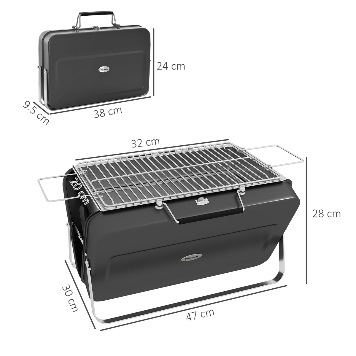 Dimensions of the portable charcoal grill shown open and closed