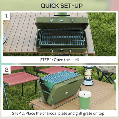 Two steps showing how to set up the green portable charcoal grill, opening the shell and adding the grate