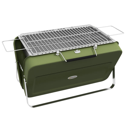 Outsunny Metal Suitable-Style Portable BBQ Grill in green, a compact charcoal grill with a hinged lid and folding legs