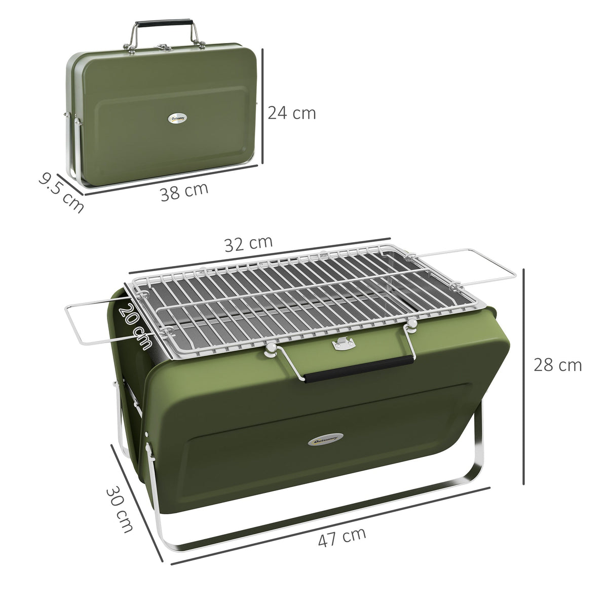 Dimensions of the green portable charcoal grill shown with measurements for length, width and height