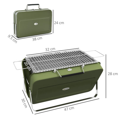 Dimensions of the green portable charcoal grill shown with measurements for length, width and height