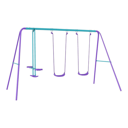 Outsunny Metal Swing Set with two swings and a glider in purple and teal