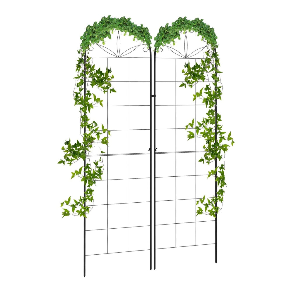 Outsunny Metal Trellis Set of 2, a pair of black metal garden trellises with decorative tops and grid patterns