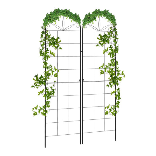 Outsunny Metal Trellis Set of 2, a pair of black metal garden trellises with decorative tops and grid patterns