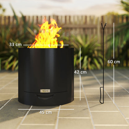 The metal wood-burning fire pit with dimensions shown, next to a fire poker
