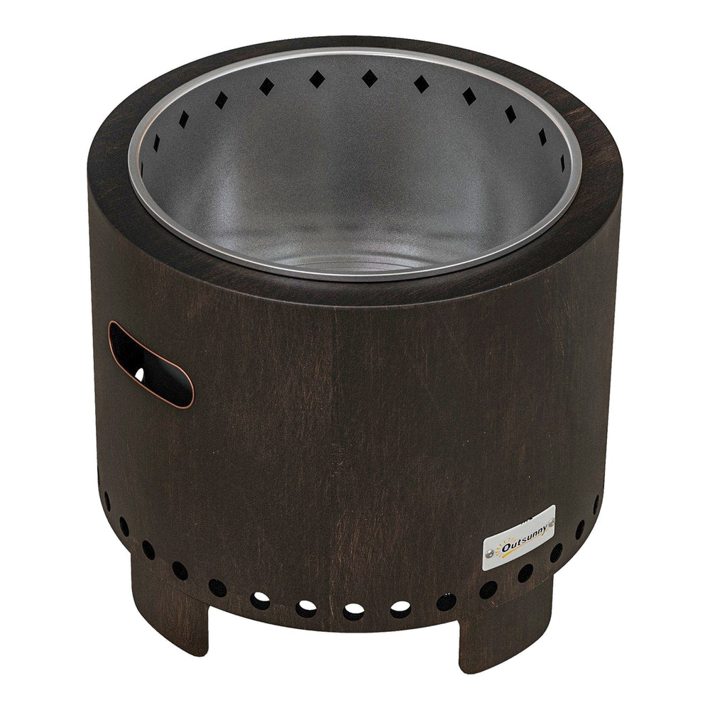 Outsunny Metal Wood-burning Smokeless Fire Pit, a dark brown cylindrical fire pit with a silver rim and cut-out handles