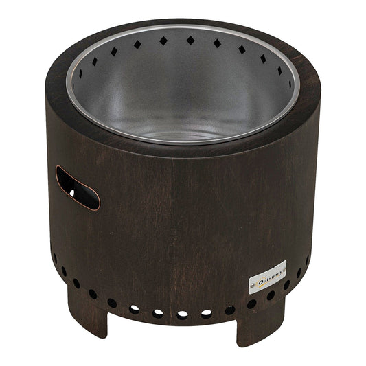Outsunny Metal Wood-burning Smokeless Fire Pit, a dark brown cylindrical fire pit with a silver rim and cut-out handles