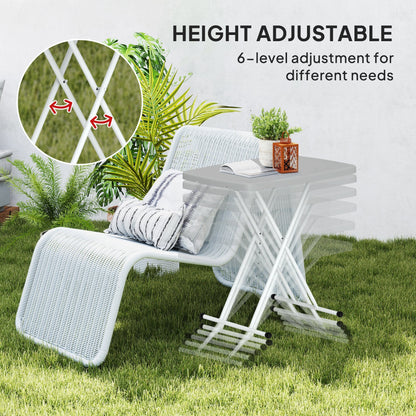 The garden table showing multiple height levels with an inset close-up of the adjustment mechanism