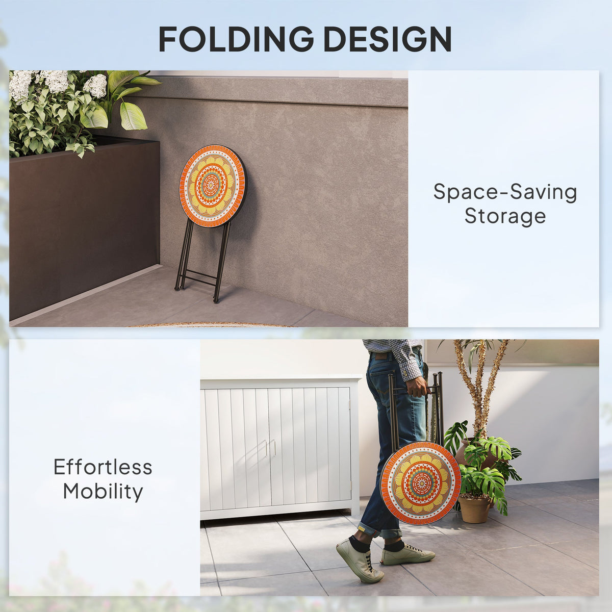 The garden table shown folded against a wall and being carried by a person
