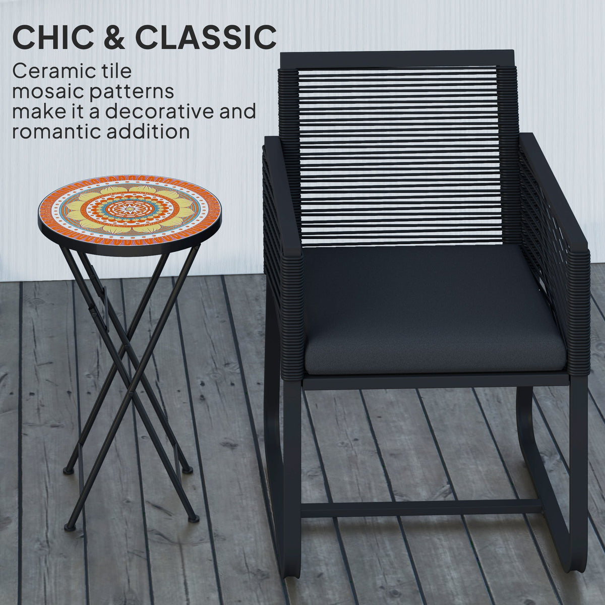 The garden table standing next to a modern black outdoor chair on a wooden deck