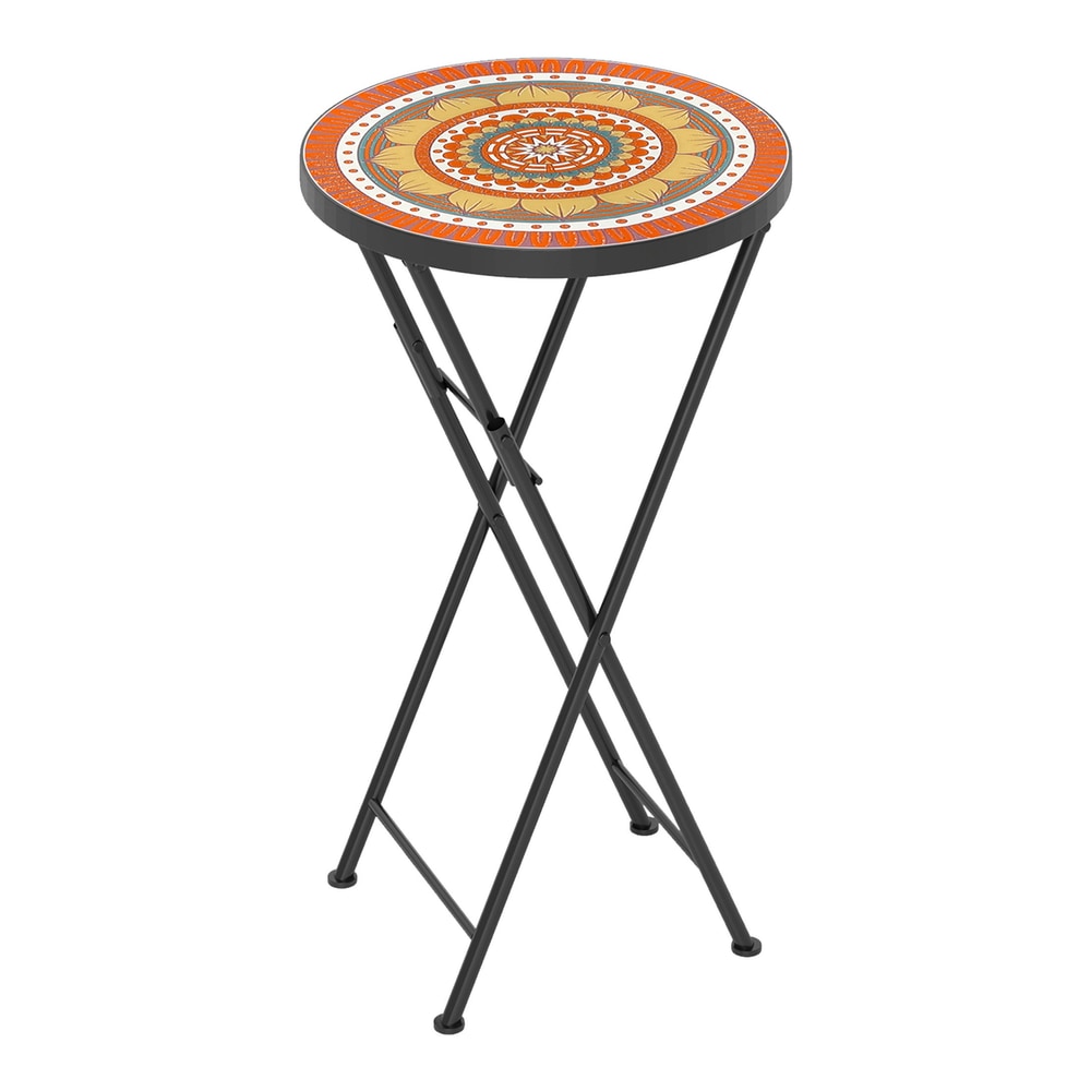 Outsunny Mosaic Outdoor Garden Table with a round orange patterned top and black metal legs
