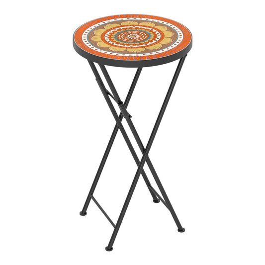 Outsunny Mosaic Outdoor Garden Table with a round orange patterned top and black metal legs