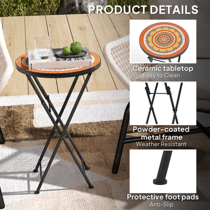 The garden table with close-up insets highlighting the ceramic top and metal frame