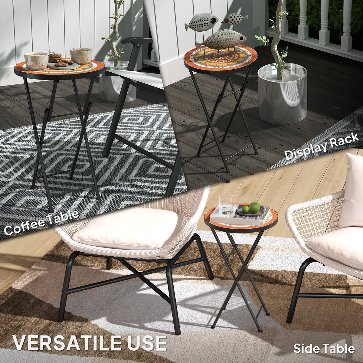 The garden table shown in three different outdoor settings as a coffee and side table