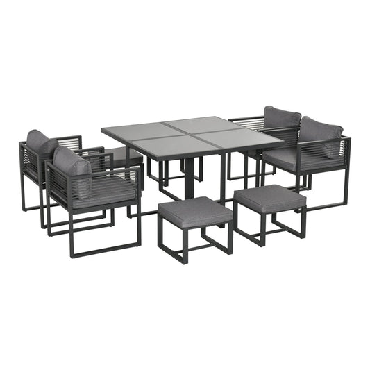 Outsunny Nine-Piece Aluminium Garden Set with glass-top table and six chairs and four stools