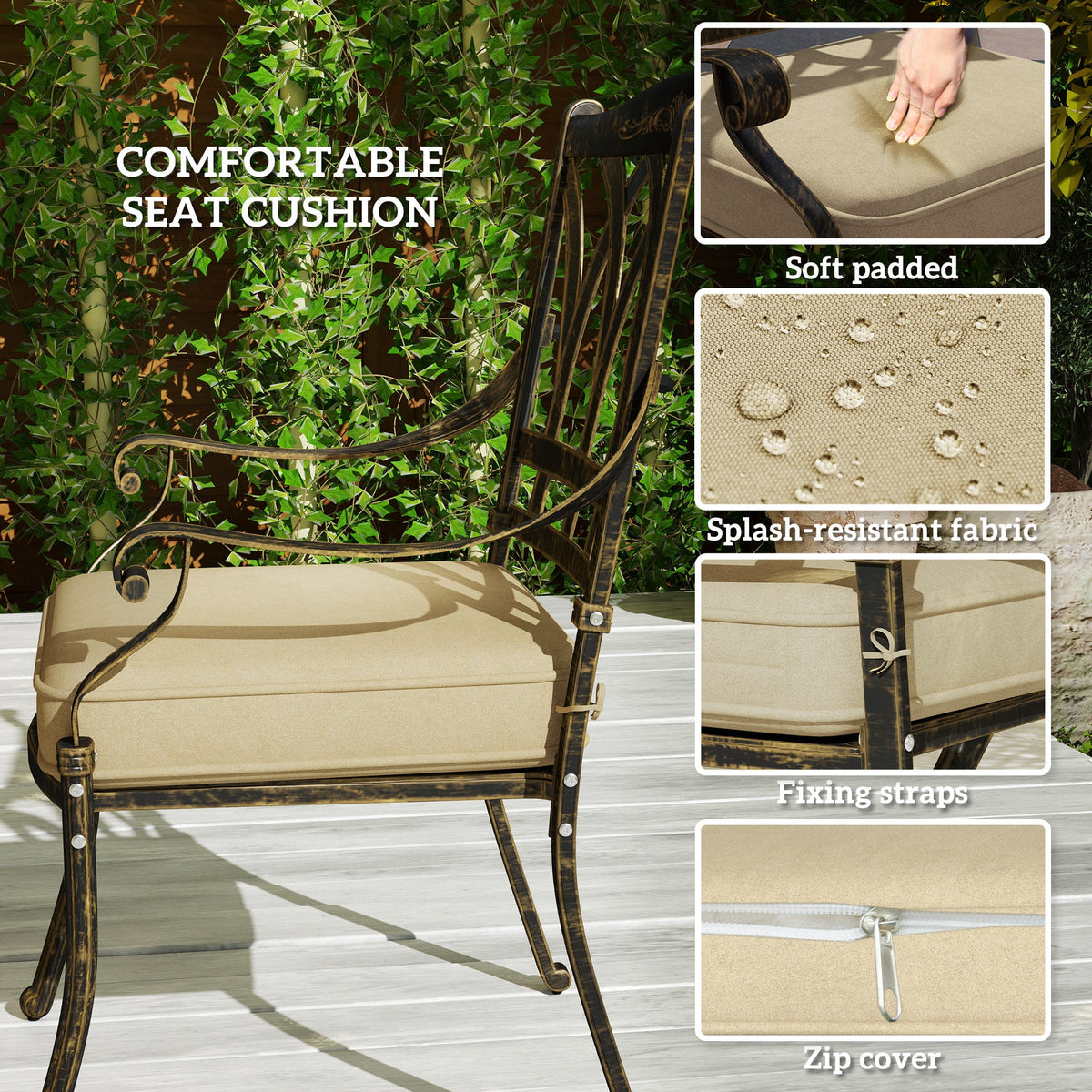 The garden dining set chair highlighting the soft cushion features and splash-resistant fabric