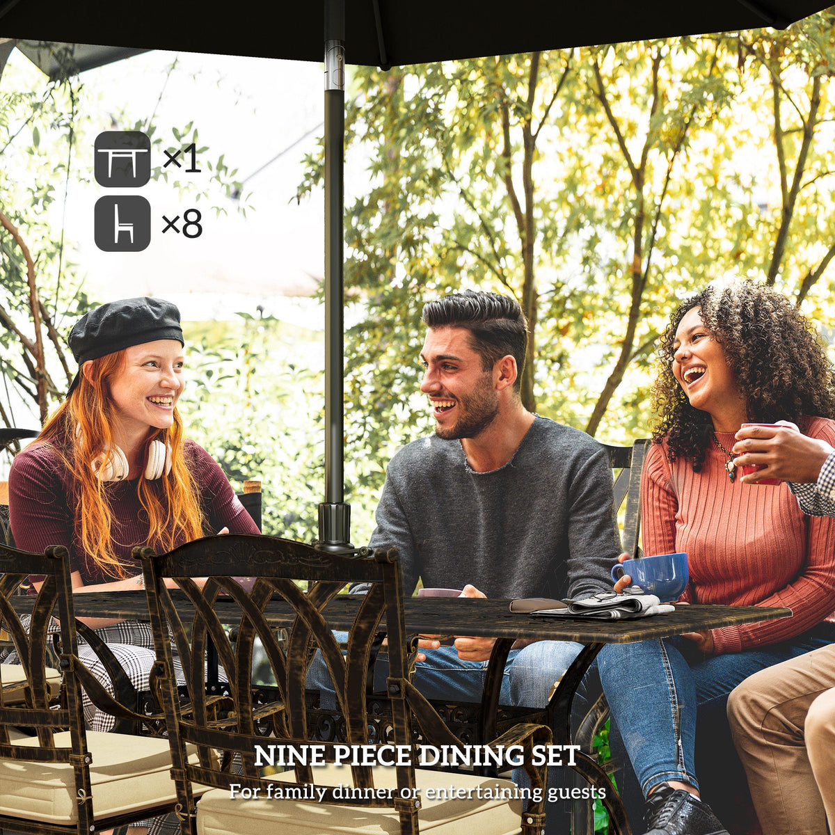 The garden dining set in use by a group of friends sitting around the table outdoors