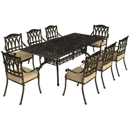 Outsunny Nine-Piece Cast Aluminium Garden Dining Set with eight chairs and a rectangular table