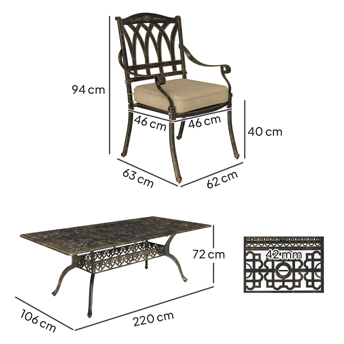 The garden dining set showing dimensions for the table and chair with a parasol hole detail