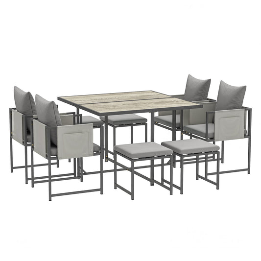Outsunny Nine-Piece Steel Frame Garden Dining Set with grey cushions and stools arranged around a table