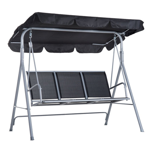 Outsunny Outdoor 3-Seater Swing Chair in black with a grey metal frame, shown from the front